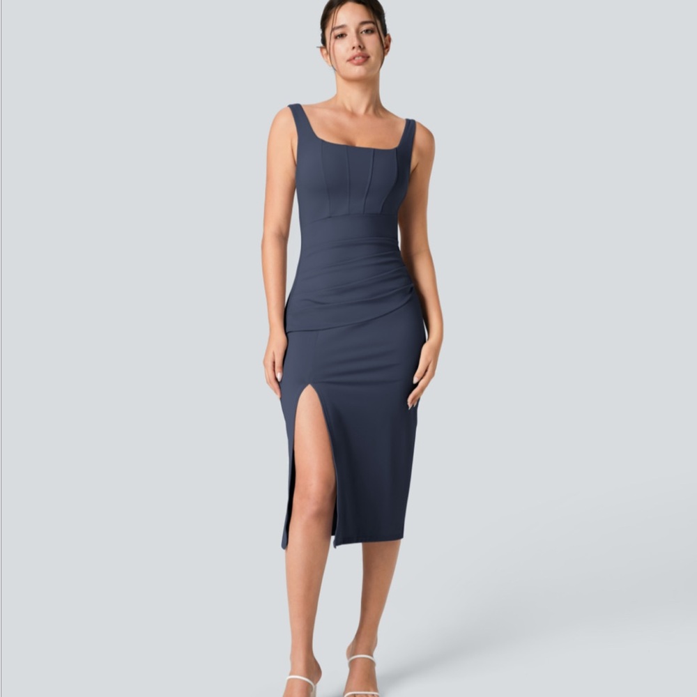 SoftlyZero Airy Square Neck Corset Ruched Split bodycon Cool Touch Formal Dress